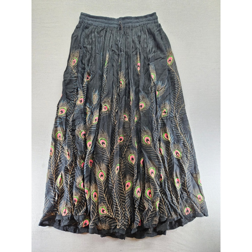 Belma New York Peacock Feather Maxi Skirt Black Rayon Boho One Size Fits Most